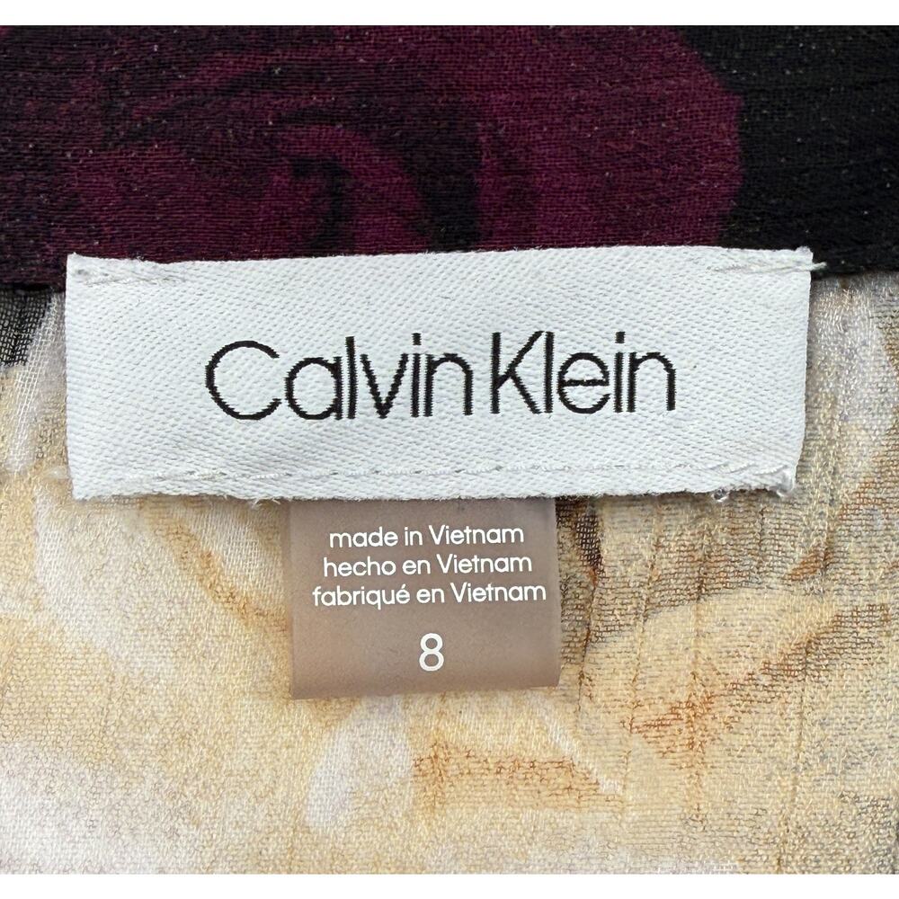 Calvin Klein women's black floral print dress sheer belted waist Sz 8 - Picture 2 of 12